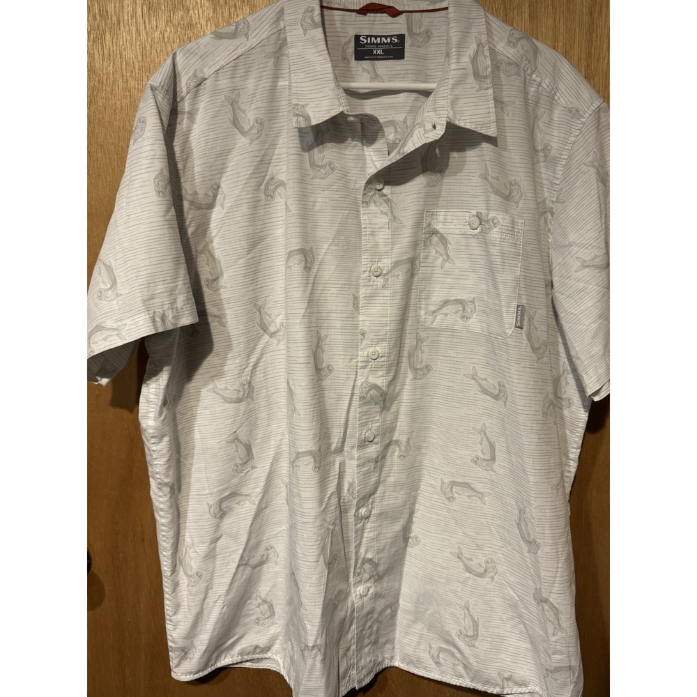 Simms XXL All Over Big Mouth Bass Print Short Sleeve Button Up